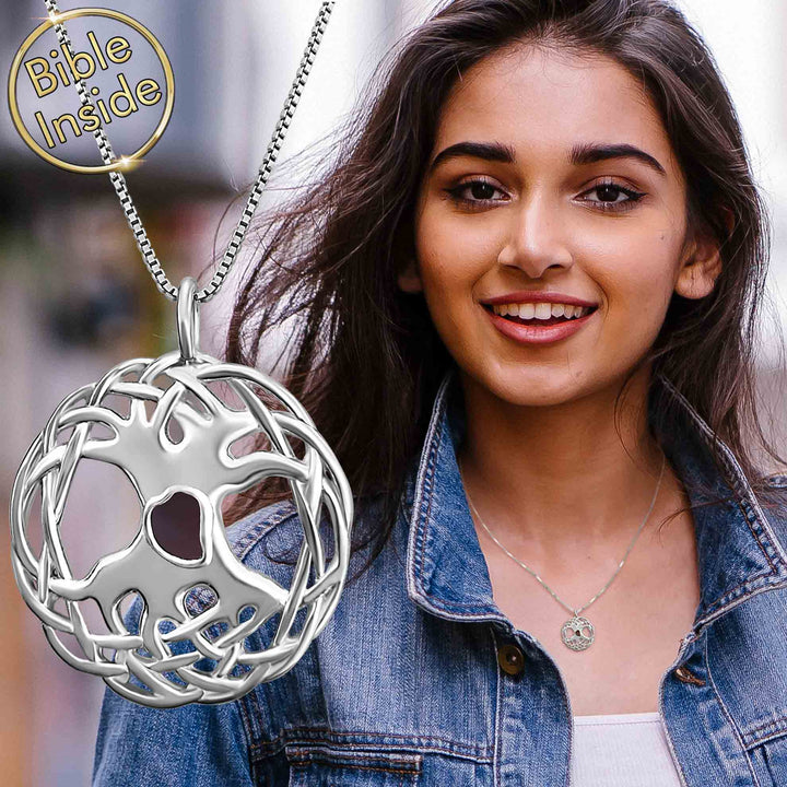 Tree Of Life Necklace Silver With Nano Bible - My Nano Jewelry