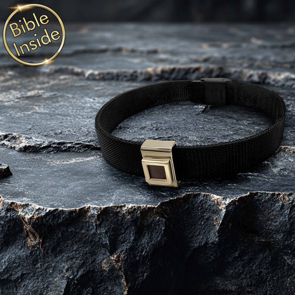 Mens nano Bible jewelry featuring complete scripture in modern bracelet design