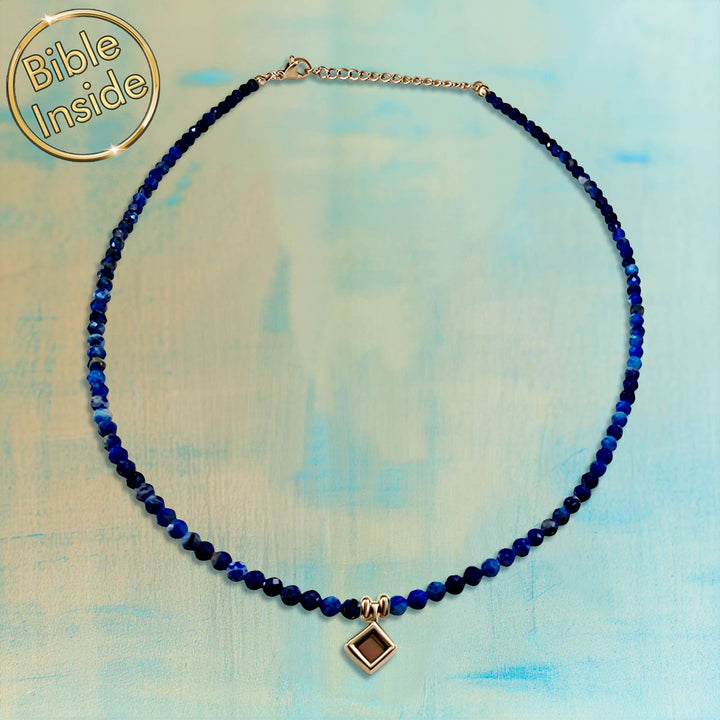Christian Bible pendant necklace with lapis – elegant spiritual jewelry