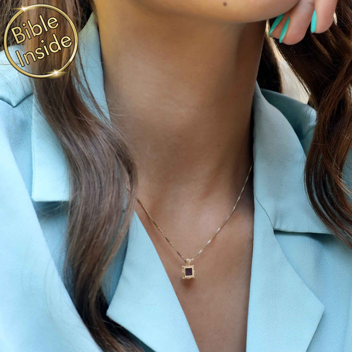 Bible pendant necklace in gold, modern square design
