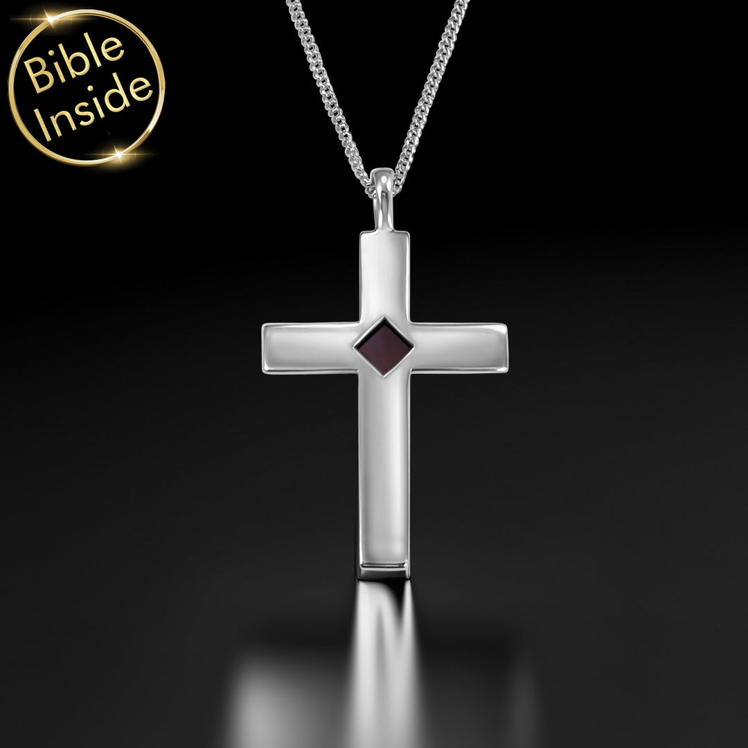 Christian necklace silver cross pendant containing Holy Bible text