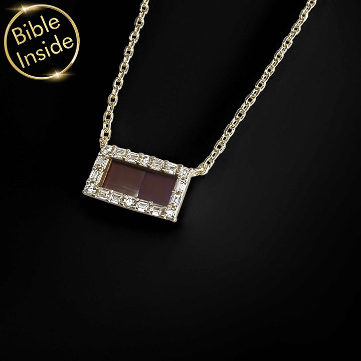 Simple rectangle Christian jewelry necklace in 14k gold with complete Bible chips embedded inside – sophisticated My Nano Jewelry faith design