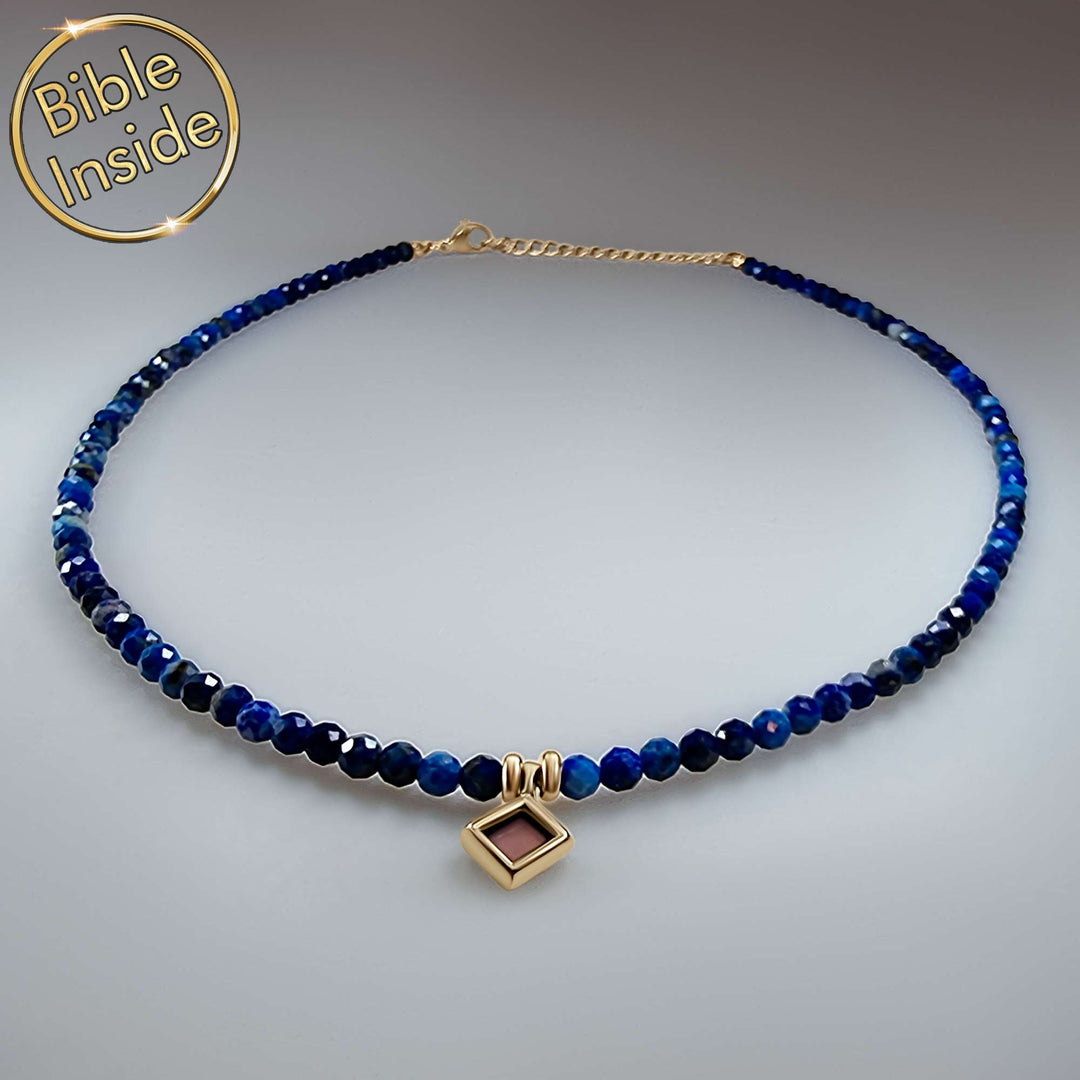 Biblical pendant necklace featuring lapis and New Testament chip