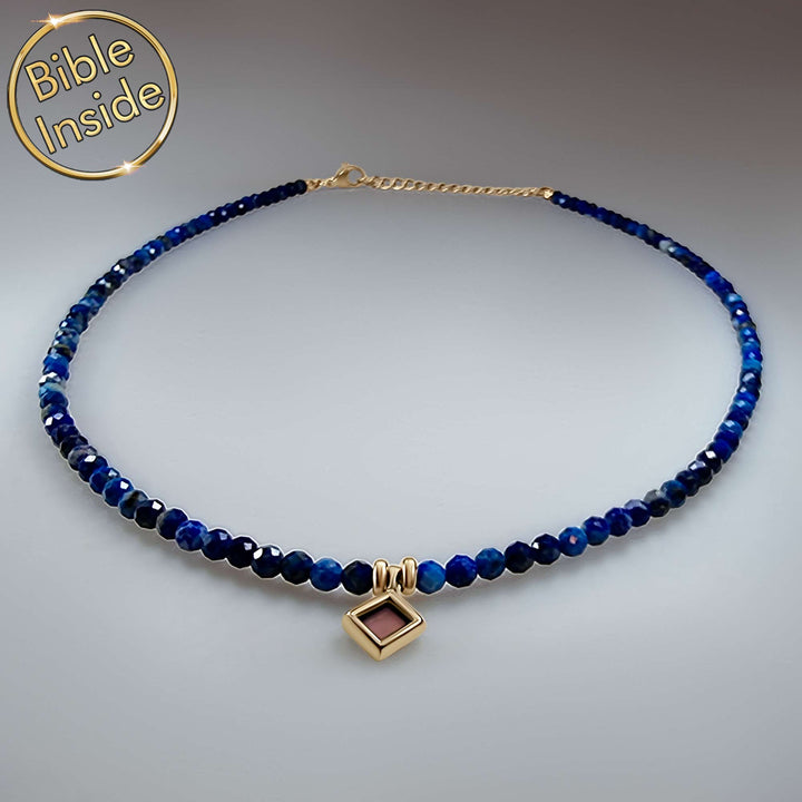 Biblical pendant necklace featuring lapis and New Testament chip