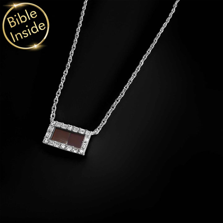 Christian pendant necklace with durable rectangle charm containing microscopic scripture – everyday spiritual companion for devoted faith followers