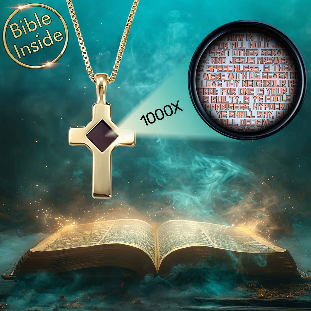 Gold cross necklace for women featuring micro Bible technology