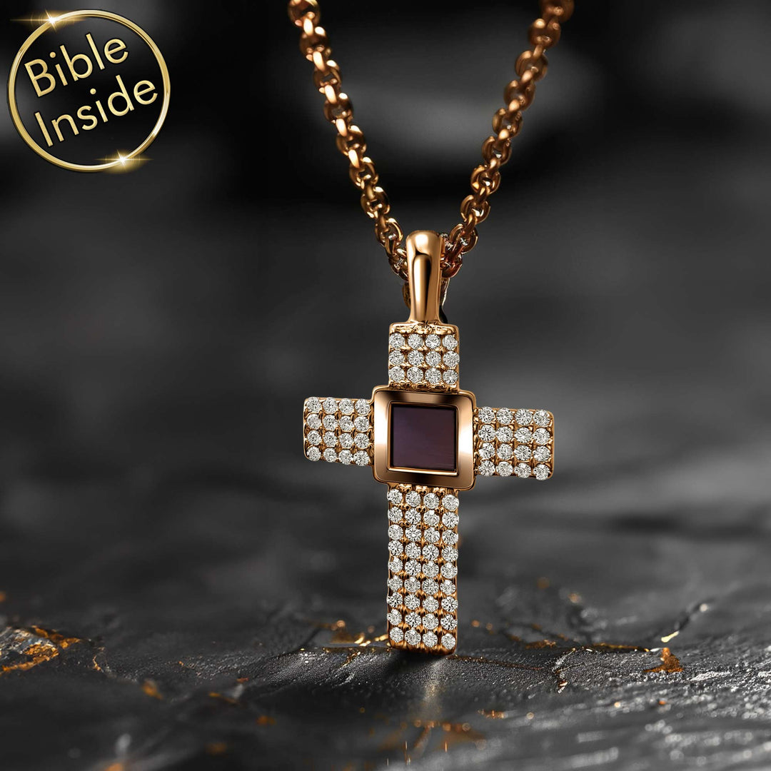 Bible Verse Necklace Cross Rose Gold With Scripture Chip by My Nano Jewelry