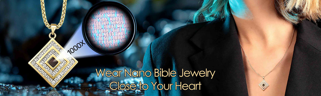 Gold Christian Jewelry Elegant Pendant With Nano Bible Technology Shown Close to Heart From My Nano Jewelry