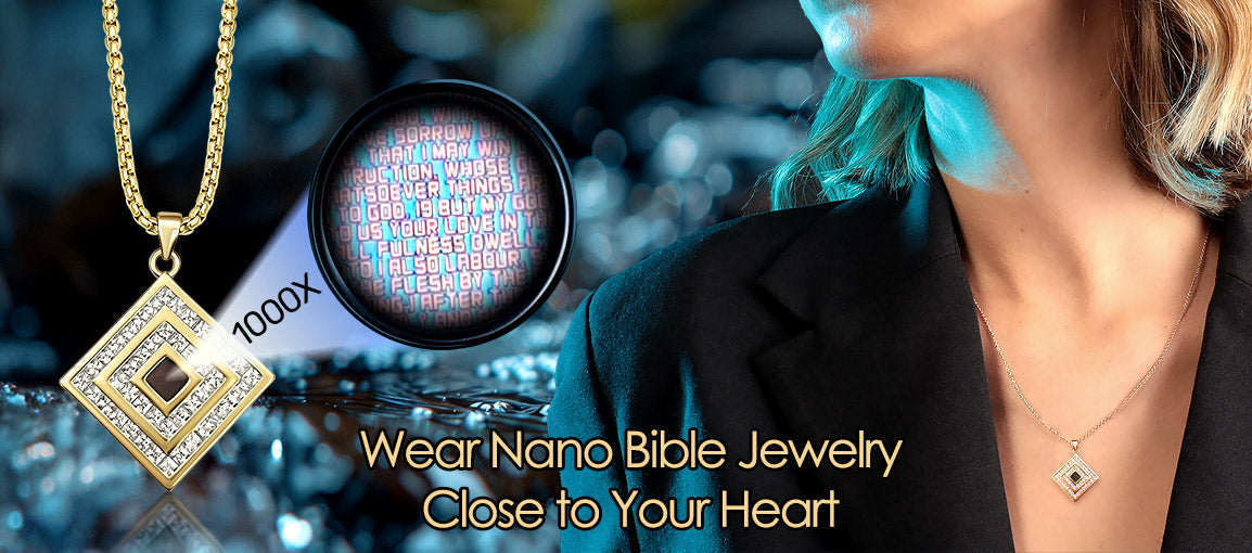 Scripture Jewelry Displayed as Elegant Gold Necklace With Magnified Bible Verses