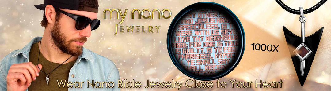 Bible Gifts for Men: Man Wearing Arrow Nano Bible Pendant Necklace - My Nano Jewelry