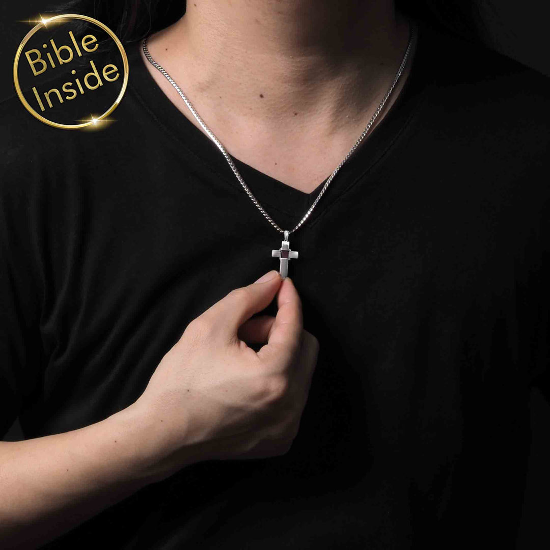 silver cross chain men with nano bible - Nano Jewelry