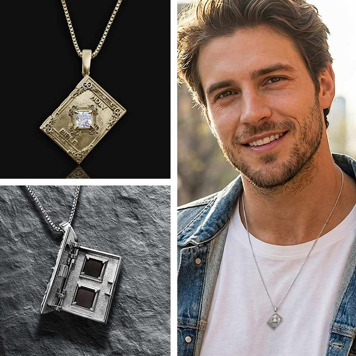White gold bible necklace for men featuring opening book with scripture inside
