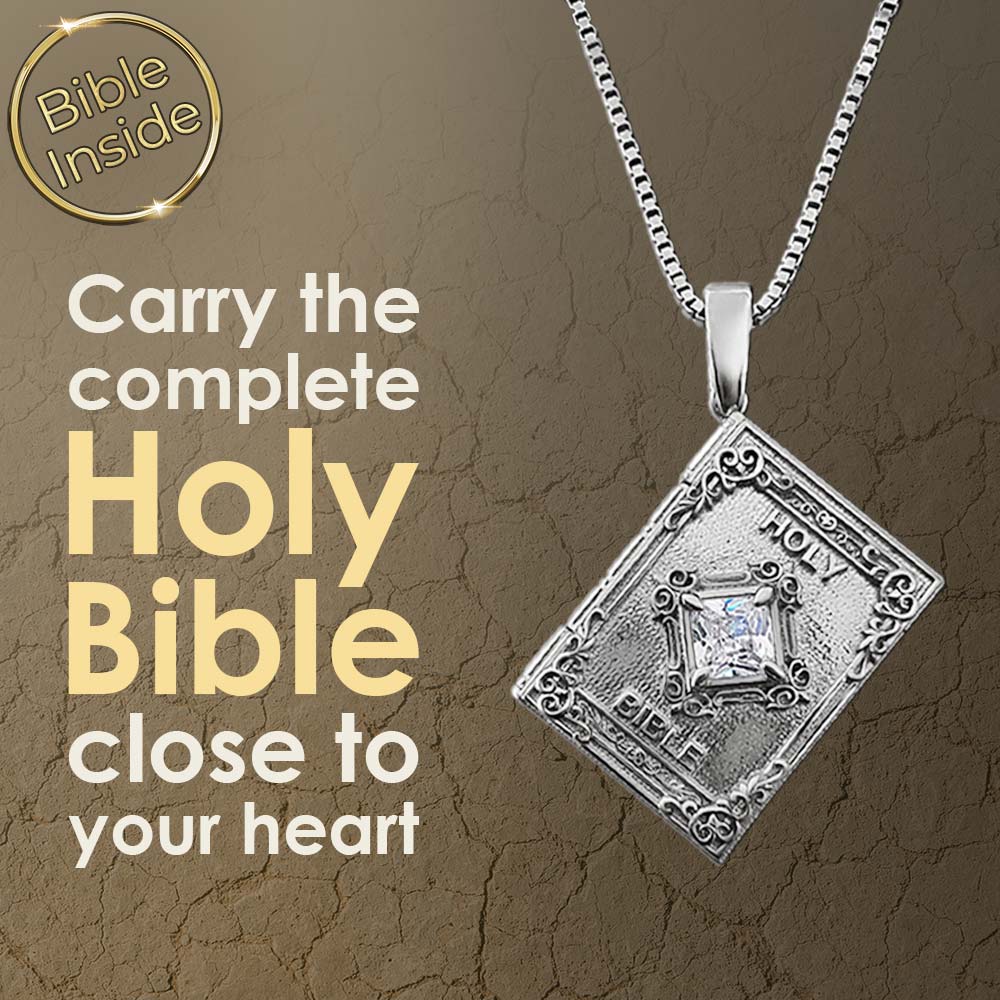 Silver biblical necklace with book pendant holding miniature Bible inside