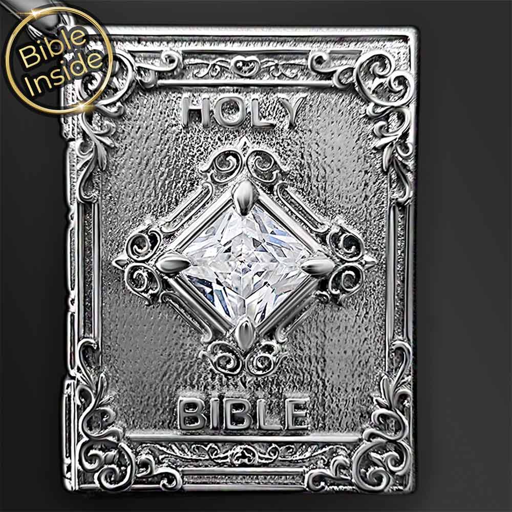Christian bible necklace with book pendant holding nano scripture chips