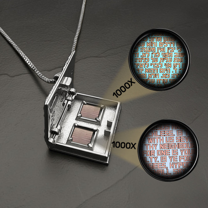 Sterling silver bible necklace opens like book with nano Bible chips
