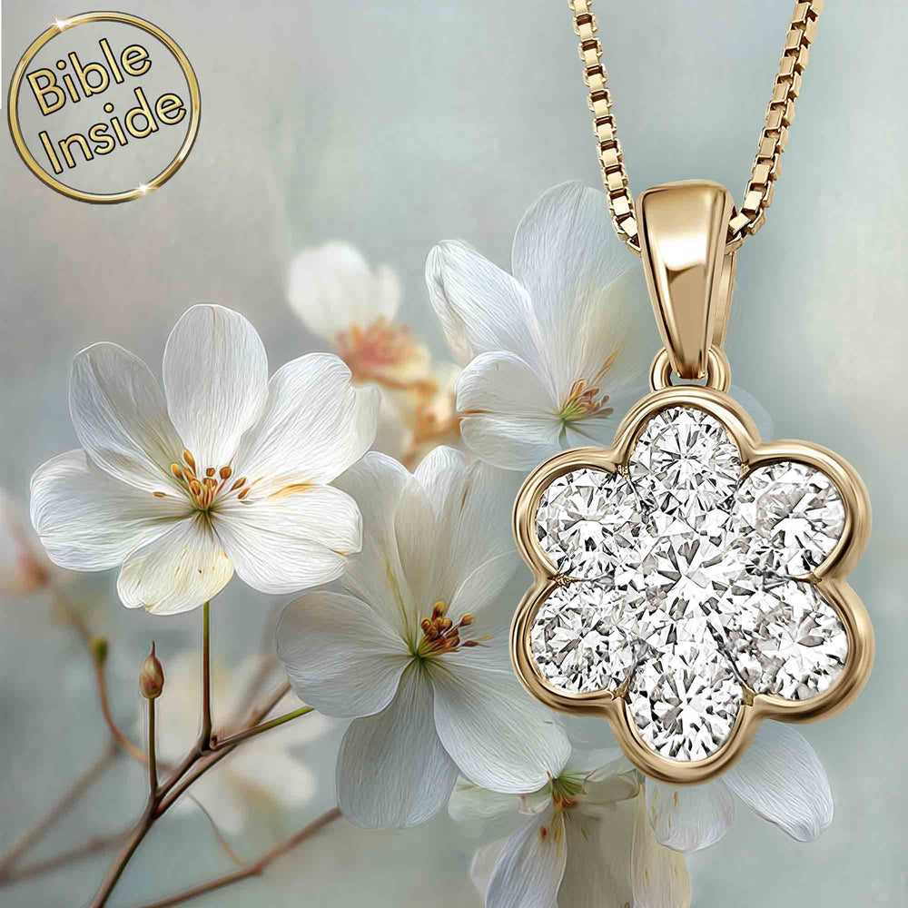 Christian Necklace Women'S - Diamonds Flower With Nano Bible - My Nano Jewelry
