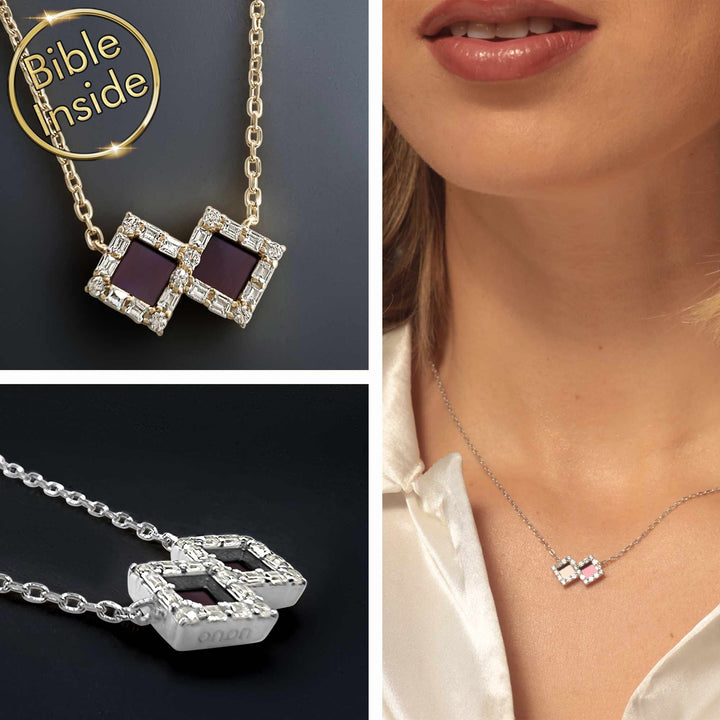 Nano Bible Necklace Gold Double Rhombus with Complete Bible | My Nano Jewelry