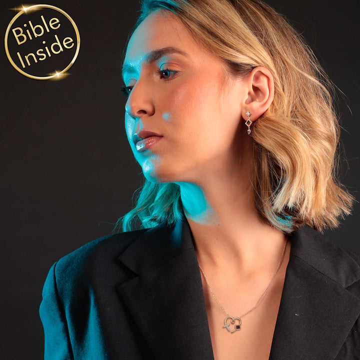 Women's valentine present heart necklace with miniature Bible chip