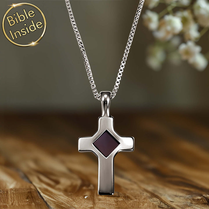 Silver cross necklace biblical gift featuring micro Bible chip inside
