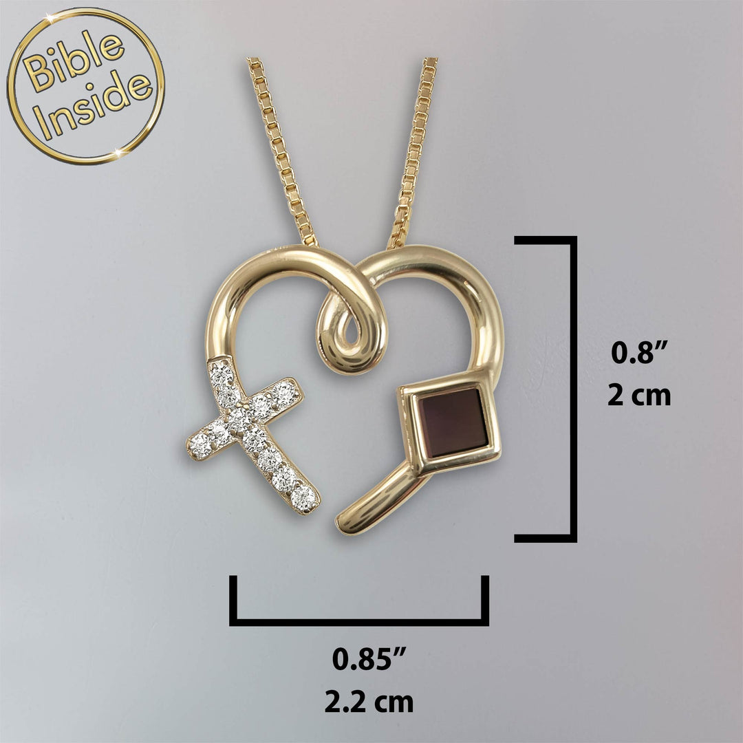 Bible on jewelry heart necklace with microscopic New Testament text
