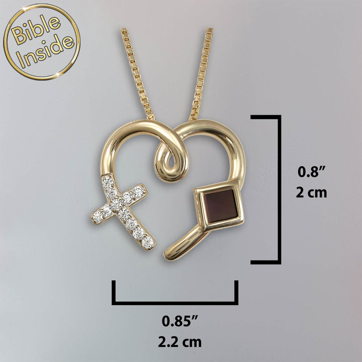 Bible on jewelry heart necklace with microscopic New Testament text