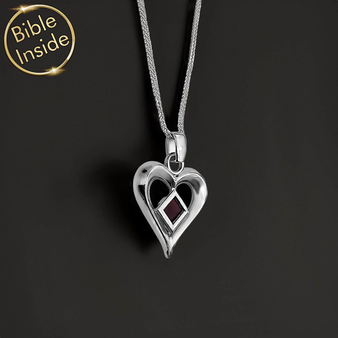 Sterling silver biblical jewelry heart necklace with New Testament nano technology inside