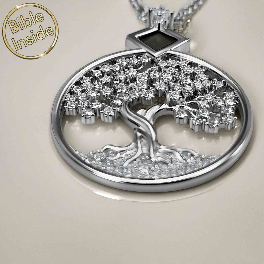 Women's tree of life Bible pendant necklace in polished silver