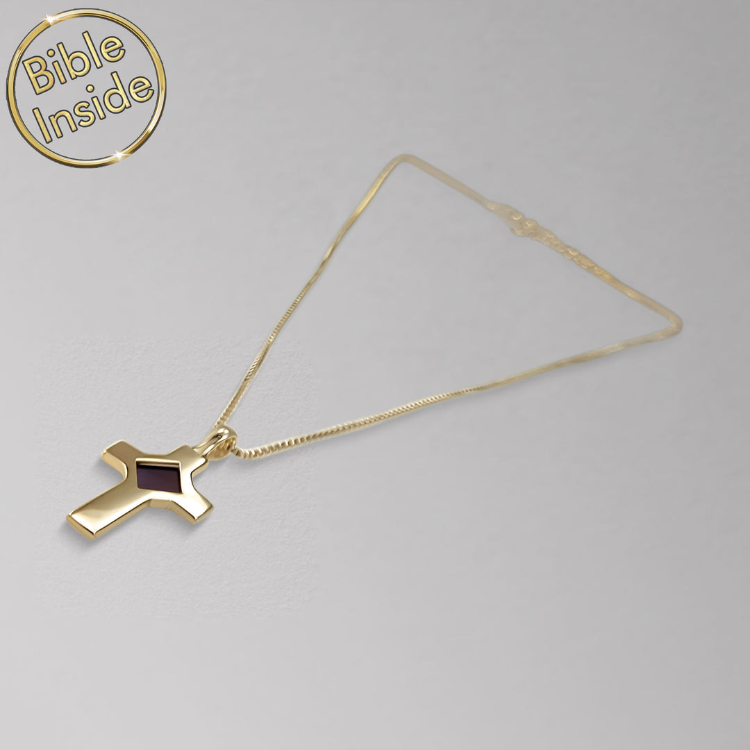 Biblical gift necklace with minimalist cross and micro Bible chip