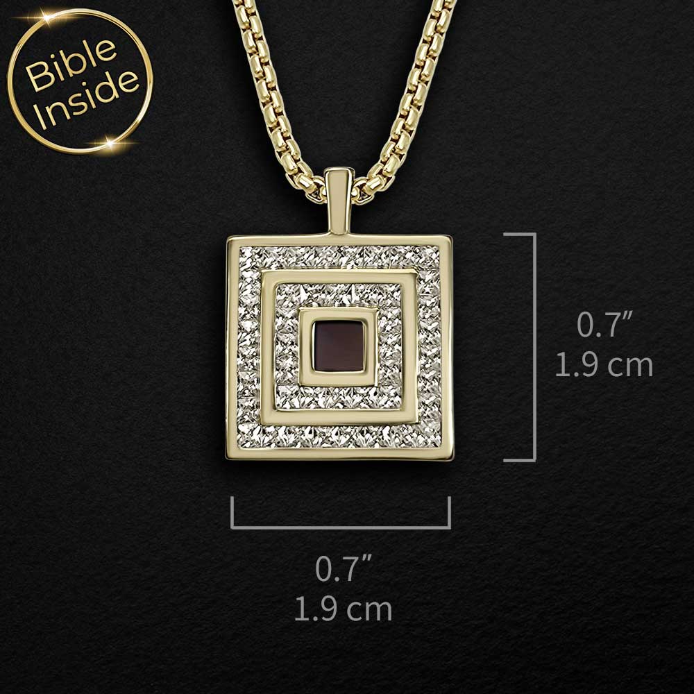 Biblical necklace featuring square pendant with New Testament chip
