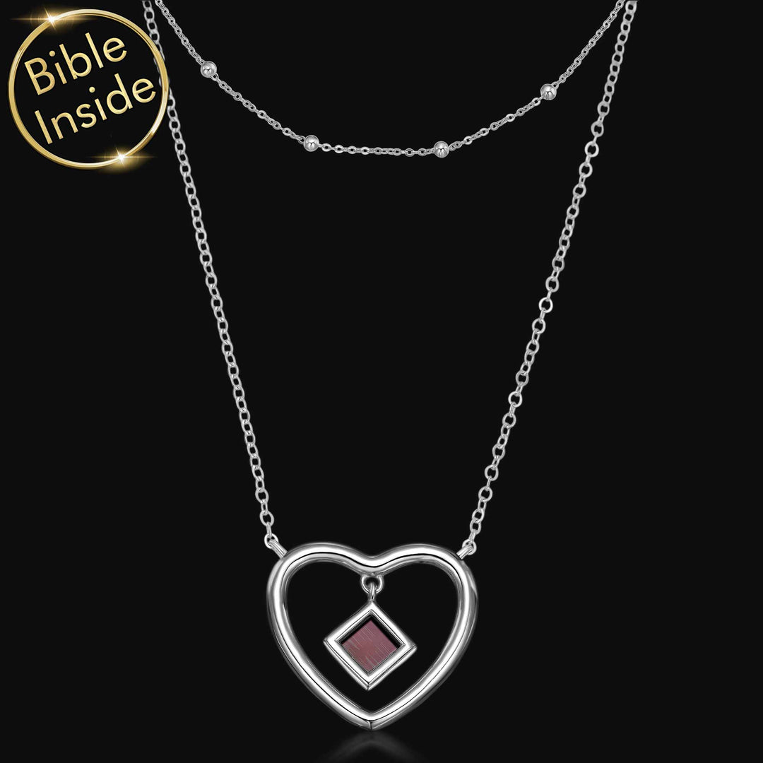Bible pendant necklace with New Testament chip in heart design