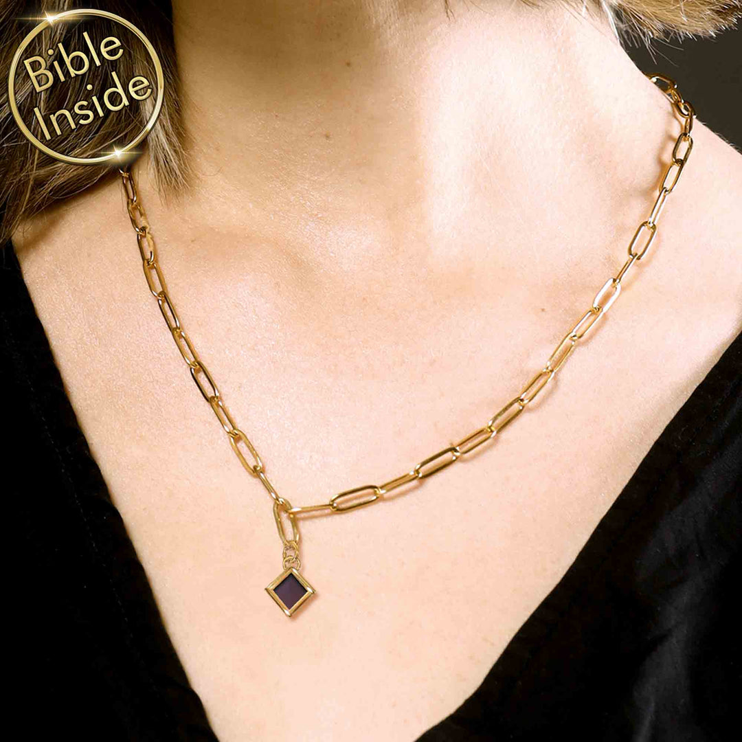 Bible verses gift featuring miniature Bible in stylish pendant design
