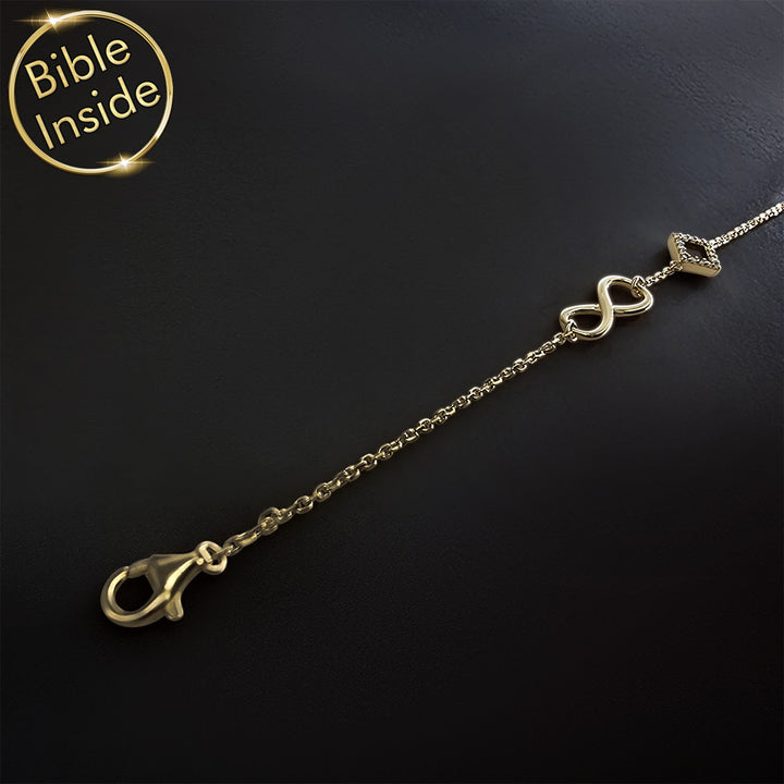 Gold Bible verses jewelry with nano Bible chip inside infinity symbol