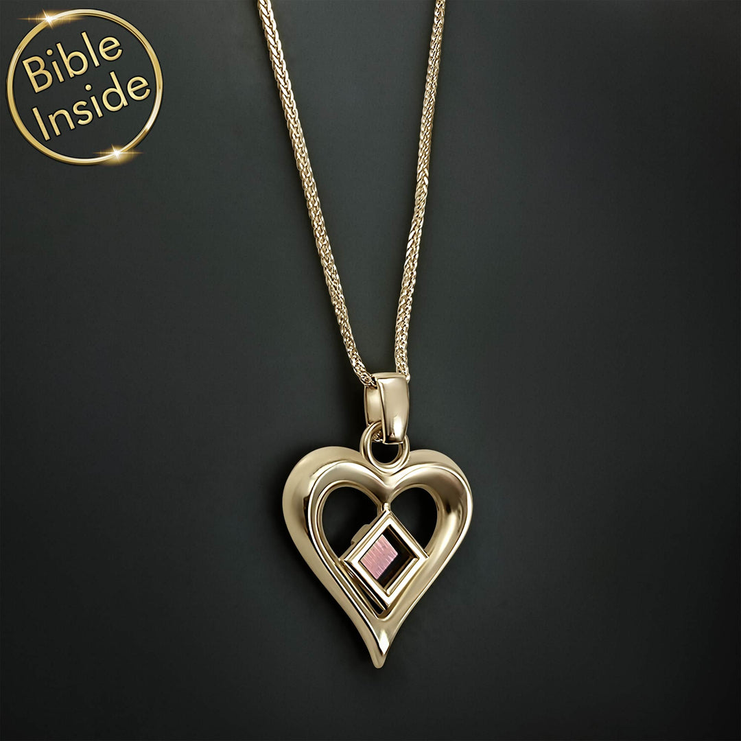 Gold heart pendant jewelry with Bible verses engraved microscopic chip Christian women gift