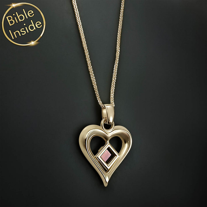 Gold heart pendant jewelry with Bible verses engraved microscopic chip Christian women gift