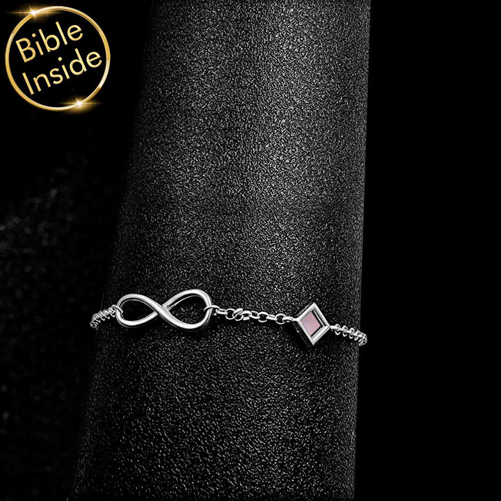 Silver Biblical bracelet featuring polished rhombus pendant with scripture inside