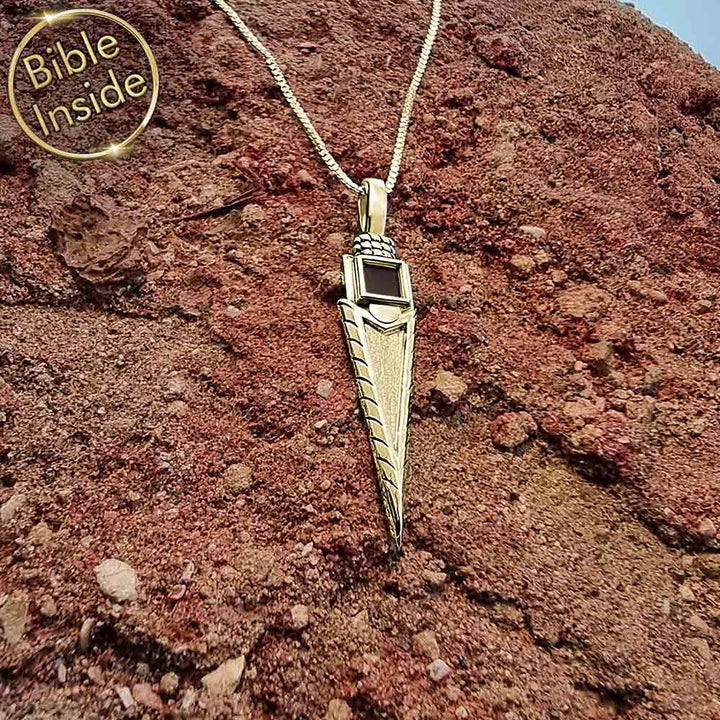 14K gold arrow pendant with complete New Testament inside
