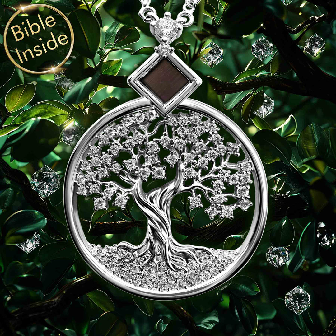 Sterling silver Bible necklace with tree of life and microchip Testament