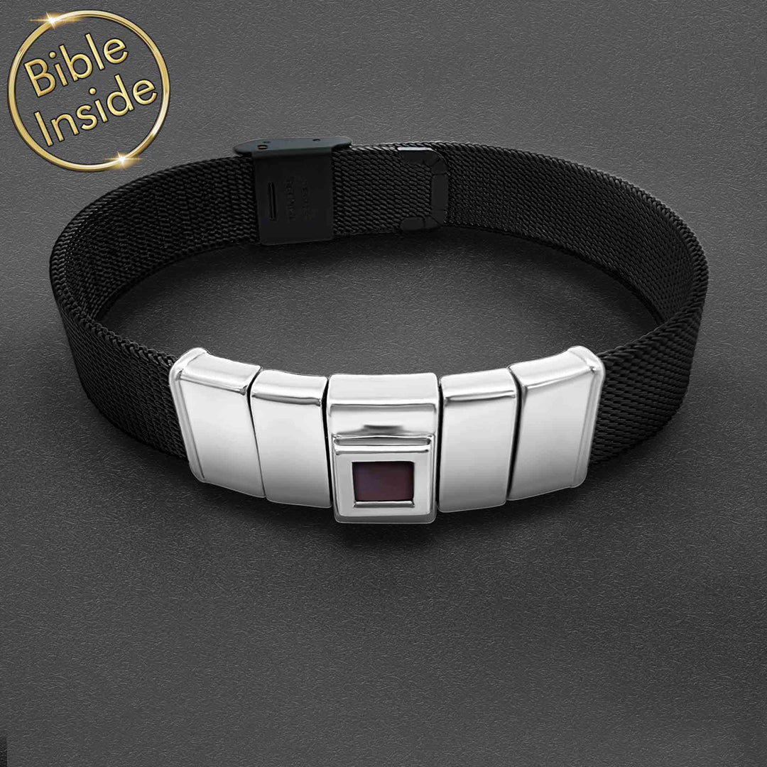 Stainless steel bracelet featuring Bible verses on nano chip - men's faith jewelry