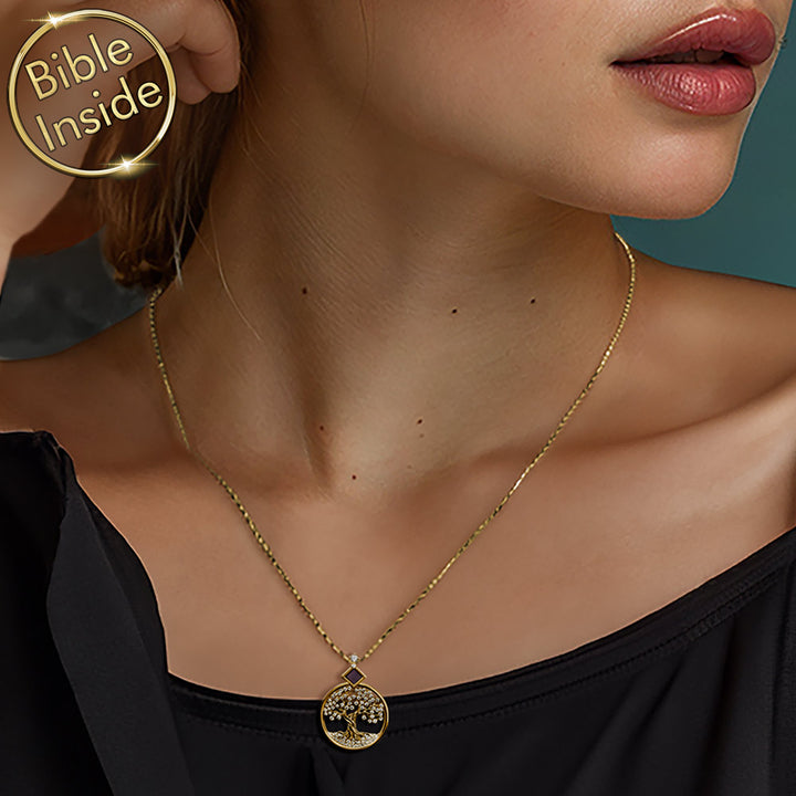 Bible gift for women tree of life necklace with New Testament chip