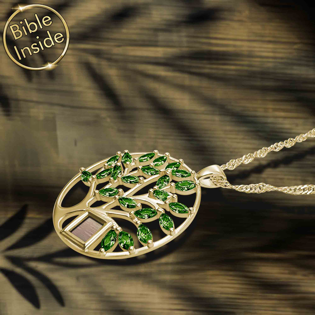 Tree of life Bible gifts jewelry – elegant pendant with CZ stones and miniature scripture