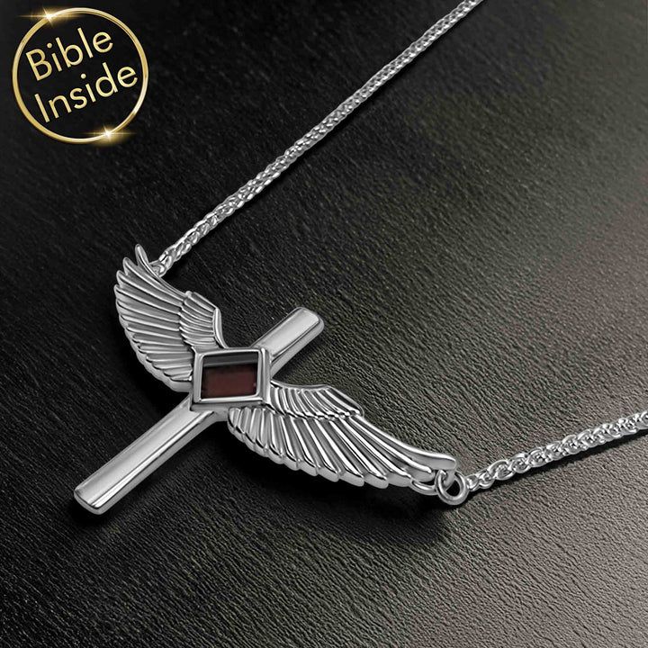 Gold Bible jewelry with winged cross charm for modern believers