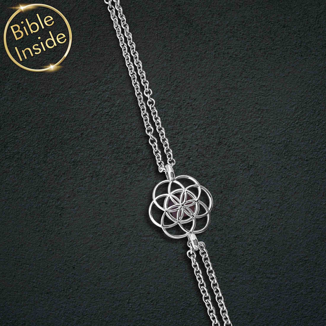 Silver Bible verse bracelet with Harmony symbol and lab diamonds