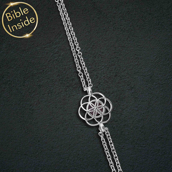Silver Bible verse bracelet with Harmony symbol and lab diamonds