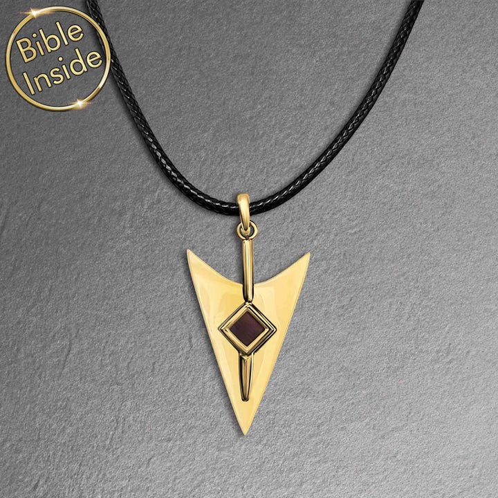 Men's arrow necklace featuring New Testament microchip Bible inside