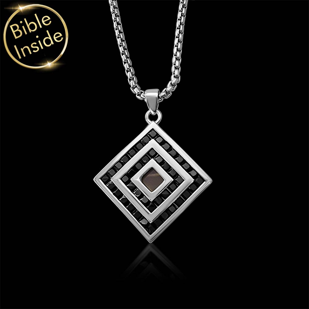 Square pendant Christian present with New Testament microchip inside