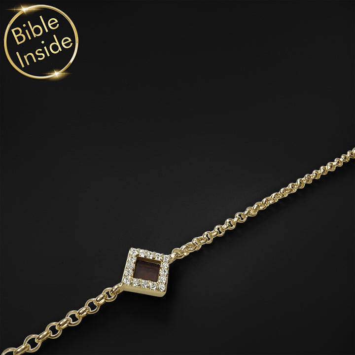 Gold plated Christianity jewelry with sparkling CZ stones and Bible chip