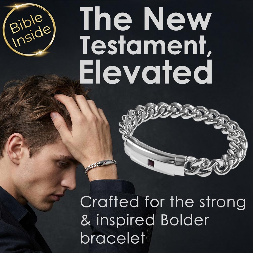 Bold men's Christian jewelry bracelet in polished silver finish