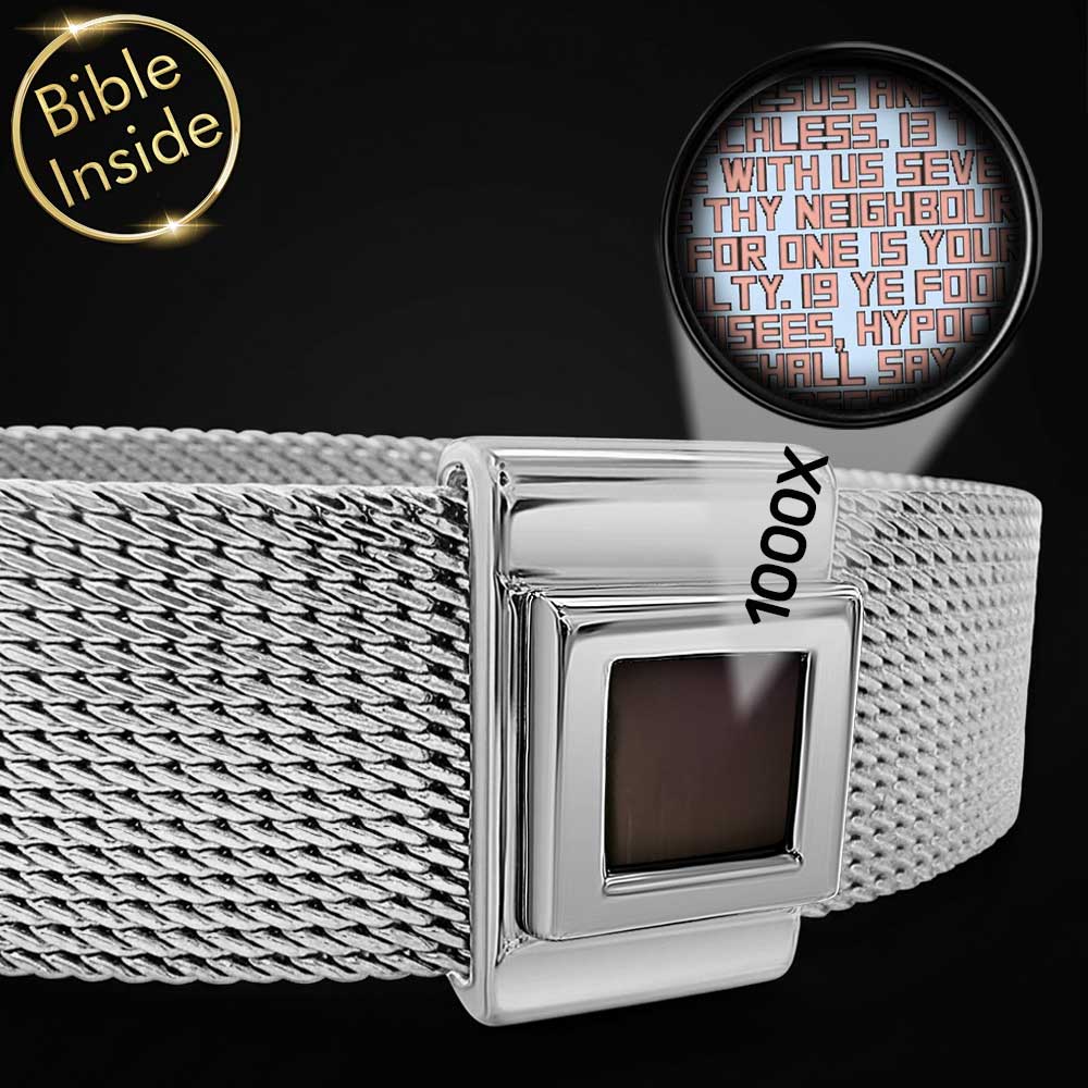 Christian jewelry for men featuring Knox symbol and microscopic Bible technology