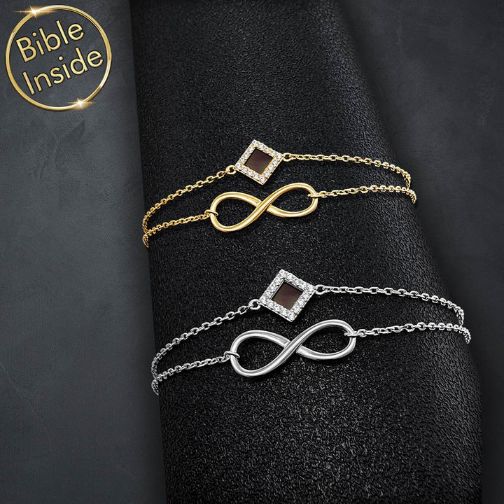 Christian jewelry infinity bracelet featuring Bible microchip
