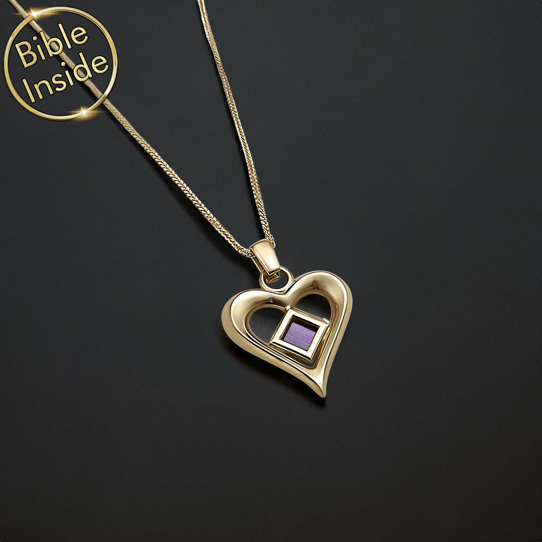 Gold jewelry for Christians heart necklace with miniature Bible chip